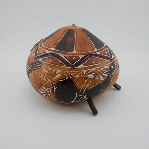 Handcrafted Peruvian Gourd Nativity Scene With Painted Animal Design/Hinged Lid
